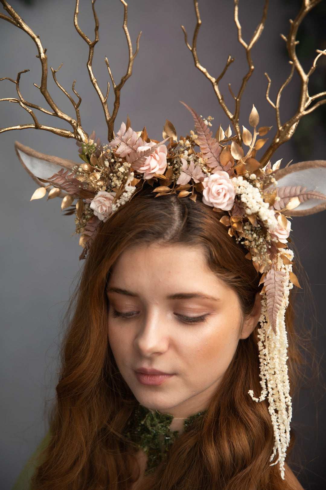 Pink Flower Crown with Gold Antlers: Fairytale Headband – handmade floral hair accessory by magaela
