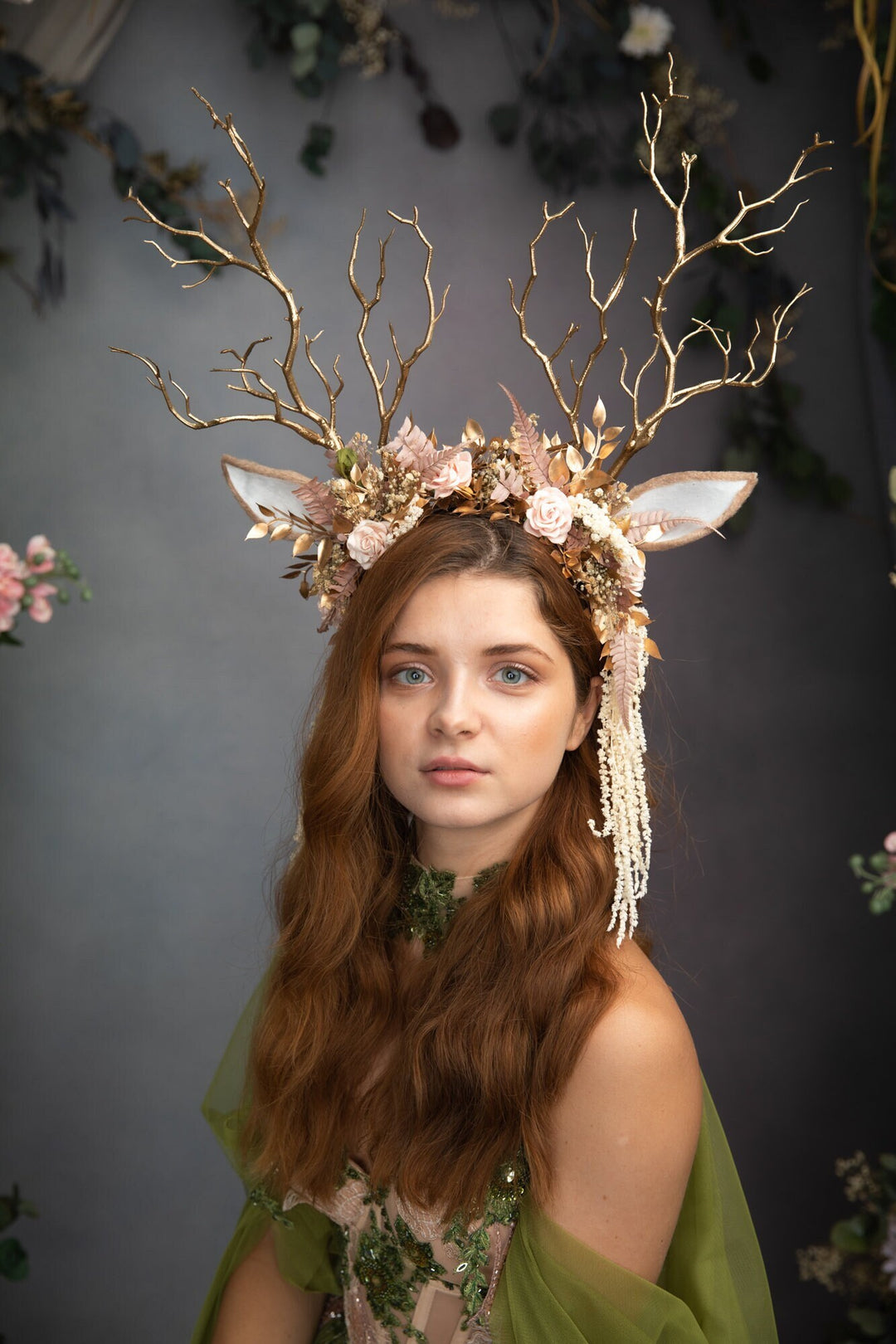 Pink Flower Crown with Gold Antlers: Fairytale Headband – handmade floral hair accessory by magaela