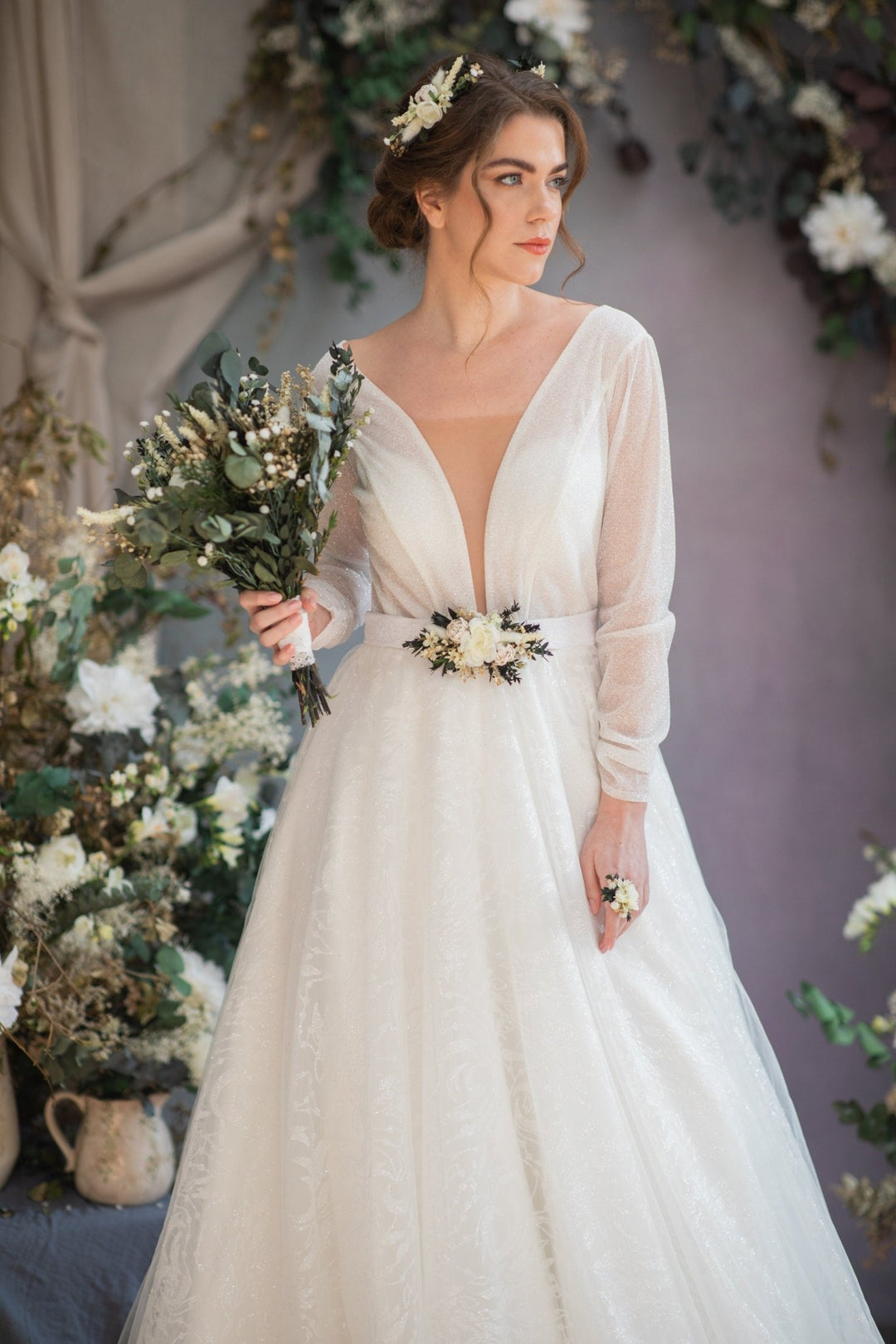 Eucalyptus Peony Wedding Belt: Greenery Flower Bridal Sash – handmade floral hair accessory by magaela