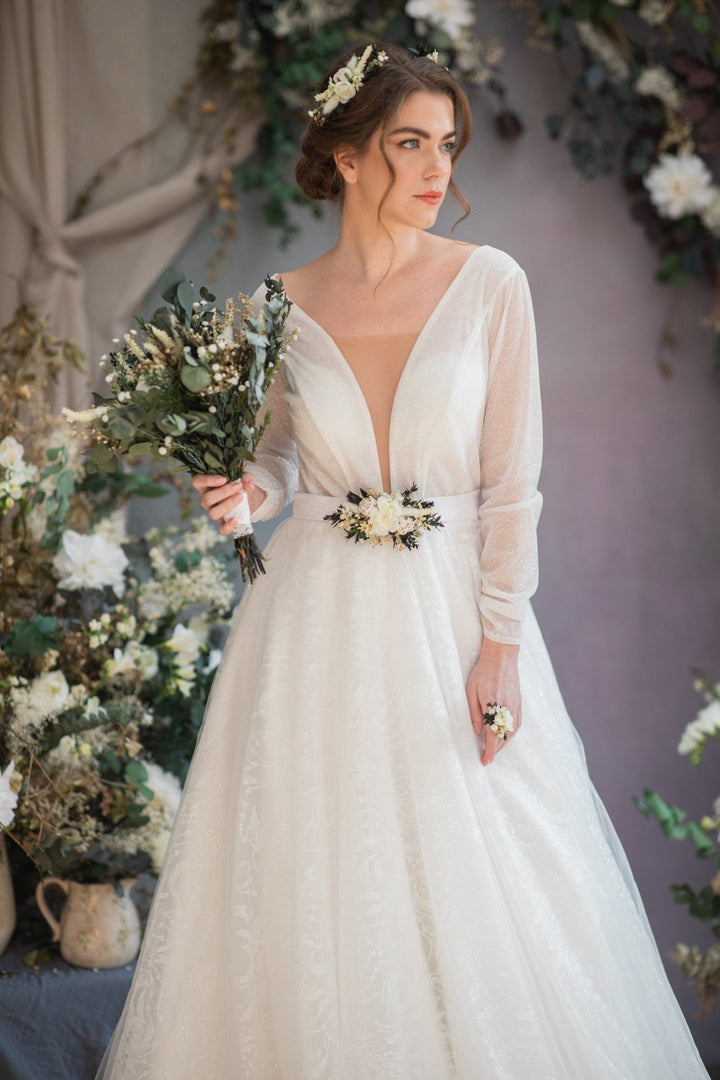 Eucalyptus Peony Wedding Belt: Greenery Flower Bridal Sash – handmade floral hair accessory by magaela