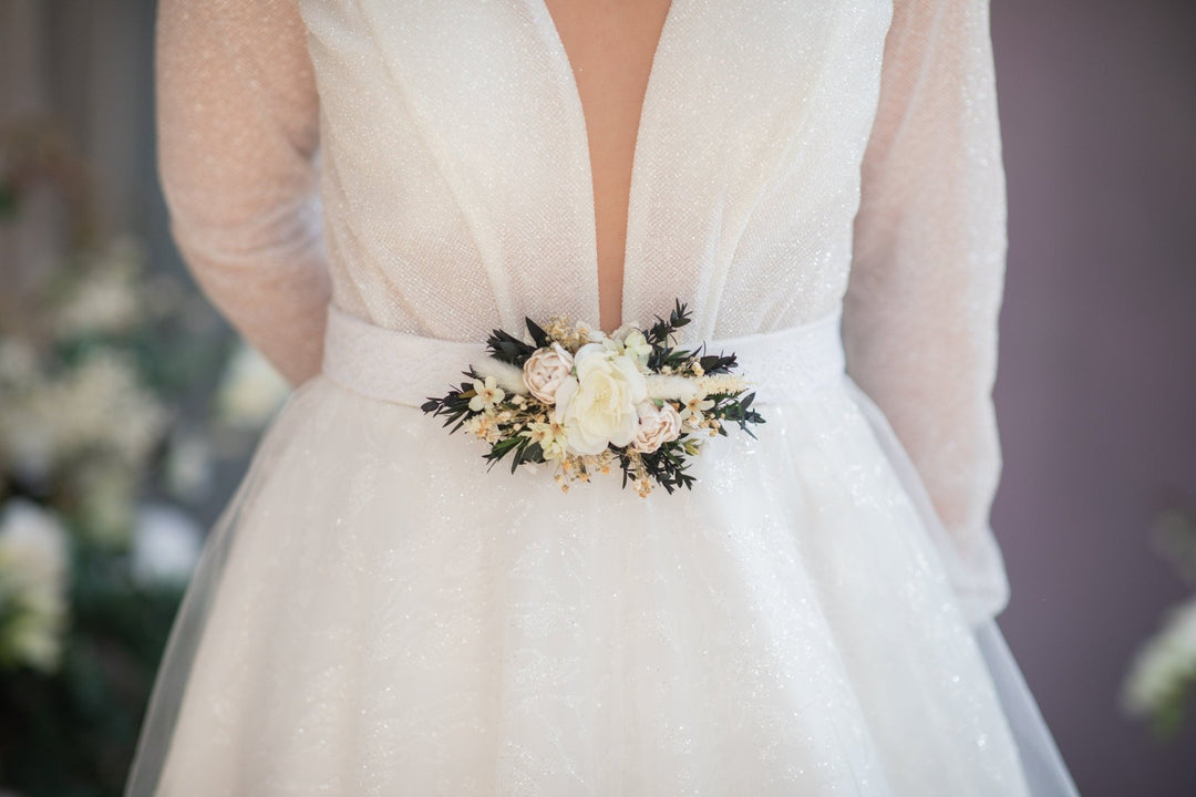 Eucalyptus Peony Wedding Belt: Greenery Flower Bridal Sash – handmade floral hair accessory by magaela