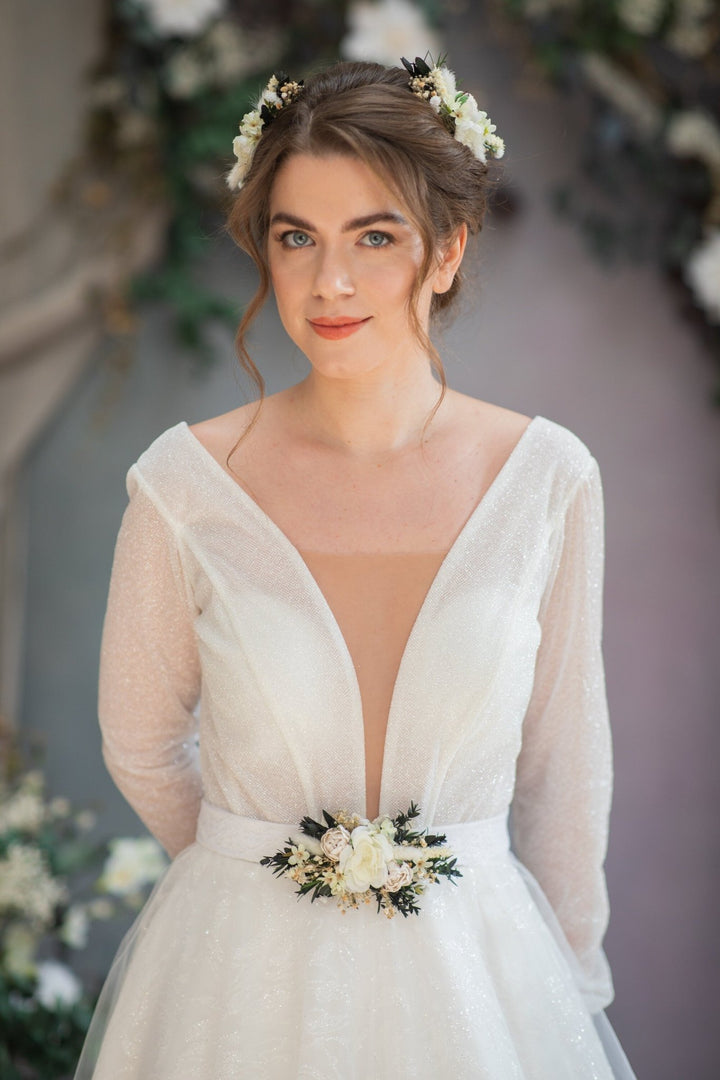 Eucalyptus Peony Wedding Belt: Greenery Flower Bridal Sash – handmade floral hair accessory by magaela