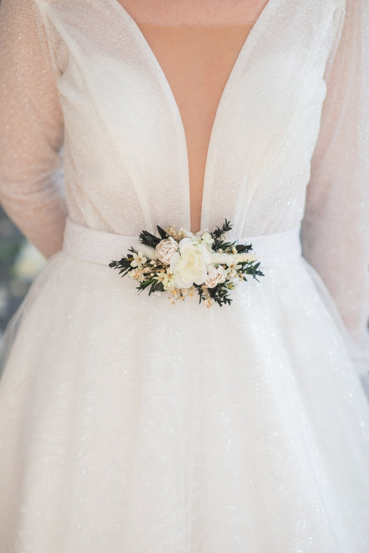 Eucalyptus Peony Wedding Belt: Greenery Flower Bridal Sash – handmade floral hair accessory by magaela