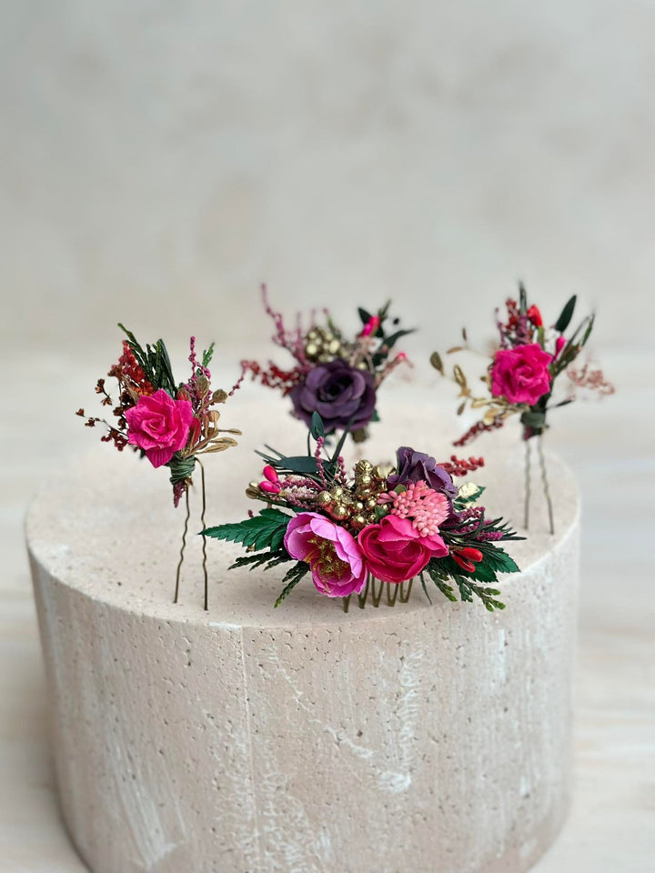 Fuchsia Flower Bridal Hair Comb & Purple Hair Pin Set – handmade floral hair accessory by magaela