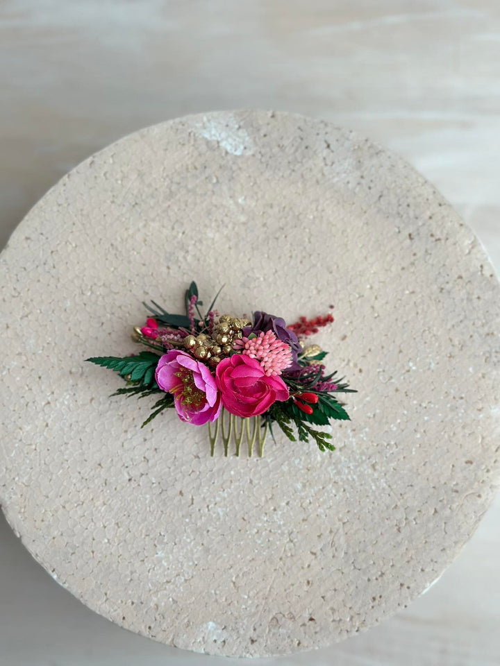 Fuchsia Flower Bridal Hair Comb & Purple Hair Pin Set – handmade floral hair accessory by magaela