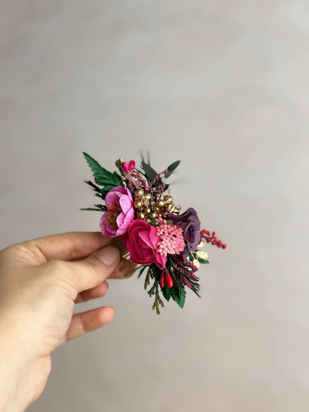 Fuchsia Flower Bridal Hair Comb & Purple Hair Pin Set – handmade floral hair accessory by magaela