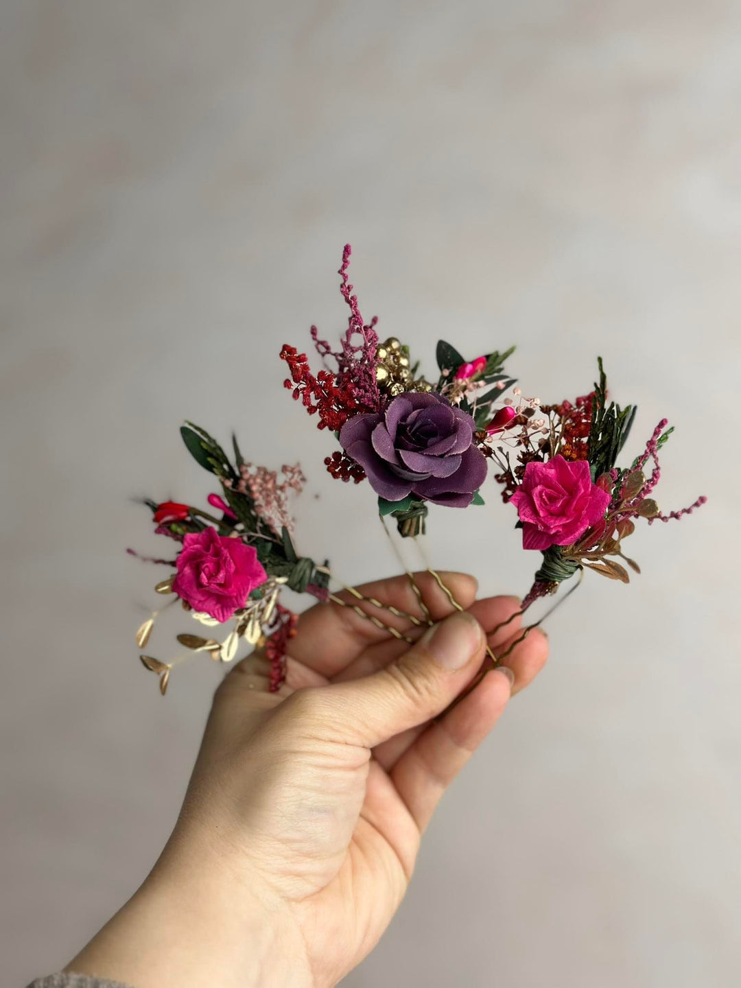 Fuchsia Flower Bridal Hair Comb & Purple Hair Pin Set – handmade floral hair accessory by magaela
