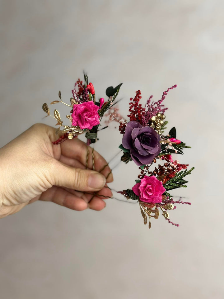Fuchsia Flower Bridal Hair Comb & Purple Hair Pin Set – handmade floral hair accessory by magaela