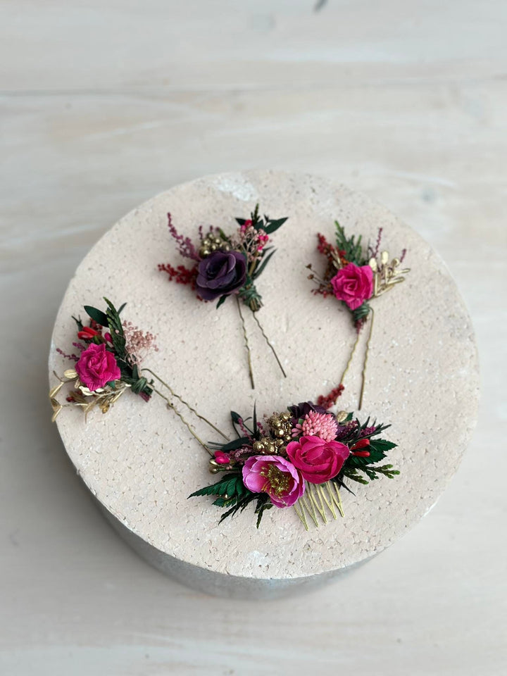 Fuchsia Flower Bridal Hair Comb & Purple Hair Pin Set – handmade floral hair accessory by magaela
