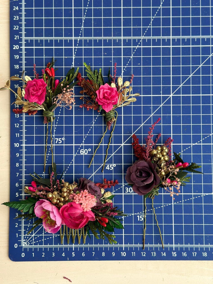 Fuchsia Flower Bridal Hair Comb & Purple Hair Pin Set – handmade floral hair accessory by magaela