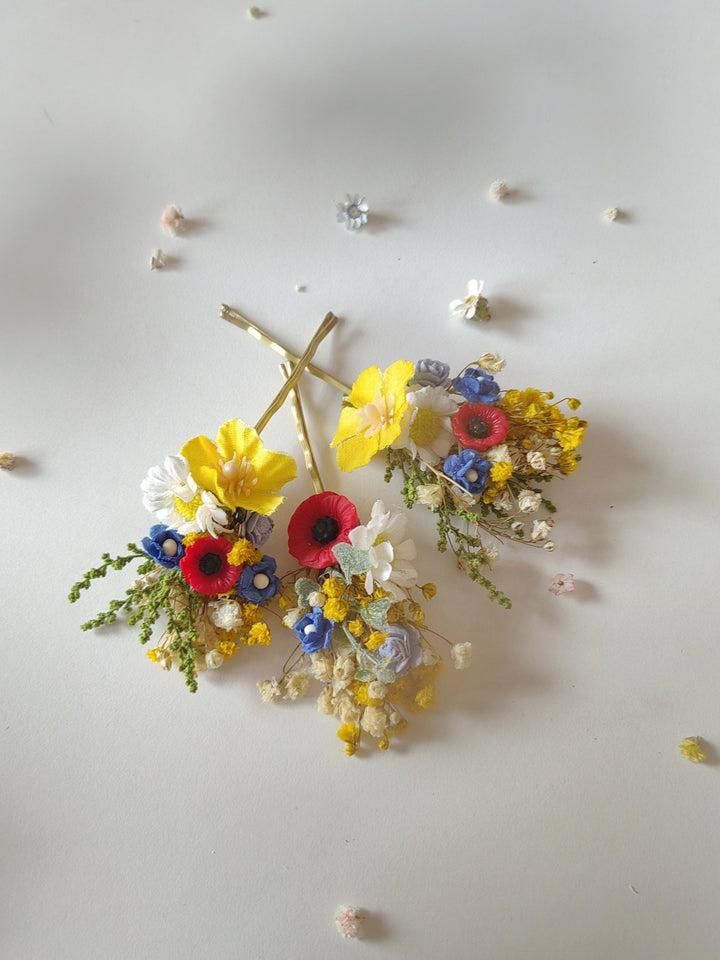 Folk Meadow Flower Hair Comb & Pins: Poppy Daisy Wedding Accessories – handmade floral hair accessory by magaela