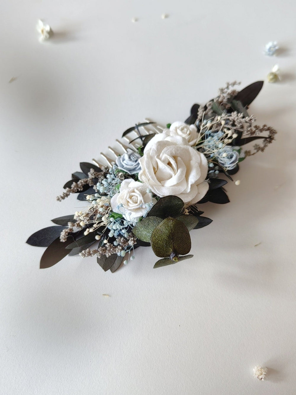 Boho Bridal Hair Comb: White & Baby Blue Roses, Eucalyptus – handmade floral hair accessory by magaela