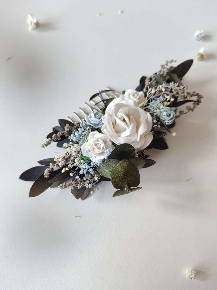 Boho Bridal Hair Comb: White & Baby Blue Roses, Eucalyptus – handmade floral hair accessory by magaela