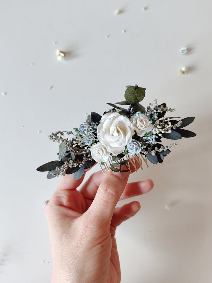 Boho Bridal Hair Comb: White & Baby Blue Roses, Eucalyptus – handmade floral hair accessory by magaela