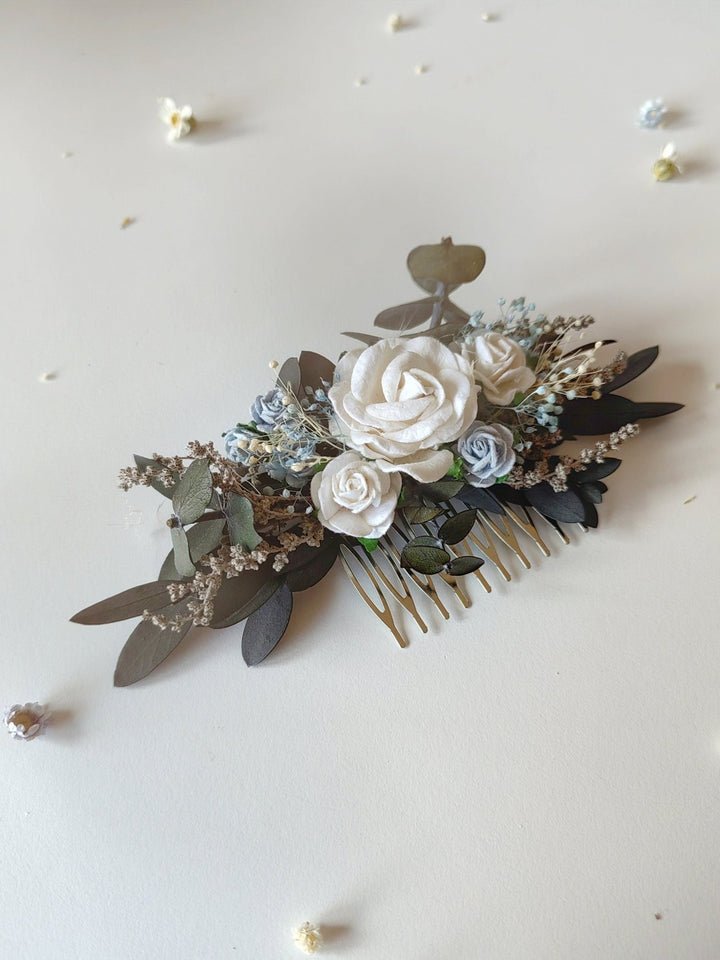 Boho Bridal Hair Comb: White & Baby Blue Roses, Eucalyptus – handmade floral hair accessory by magaela
