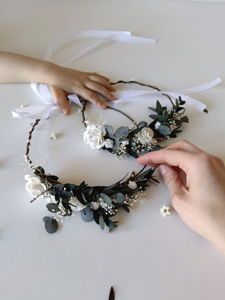 Mother's Day Matching set of hair wreaths for mum and daughter Greenery flower wreath Eucalyptus White roses Mom and daughter Family photo – handmade floral hair accessory by magaela