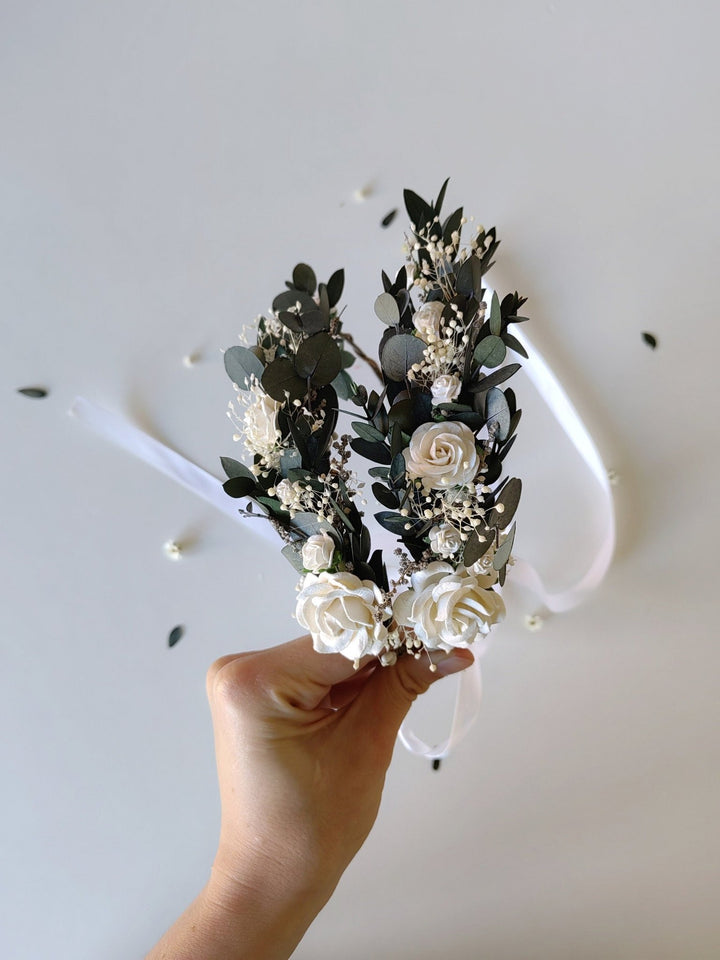 Mother's Day Matching set of hair wreaths for mum and daughter Greenery flower wreath Eucalyptus White roses Mom and daughter Family photo – handmade floral hair accessory by magaela