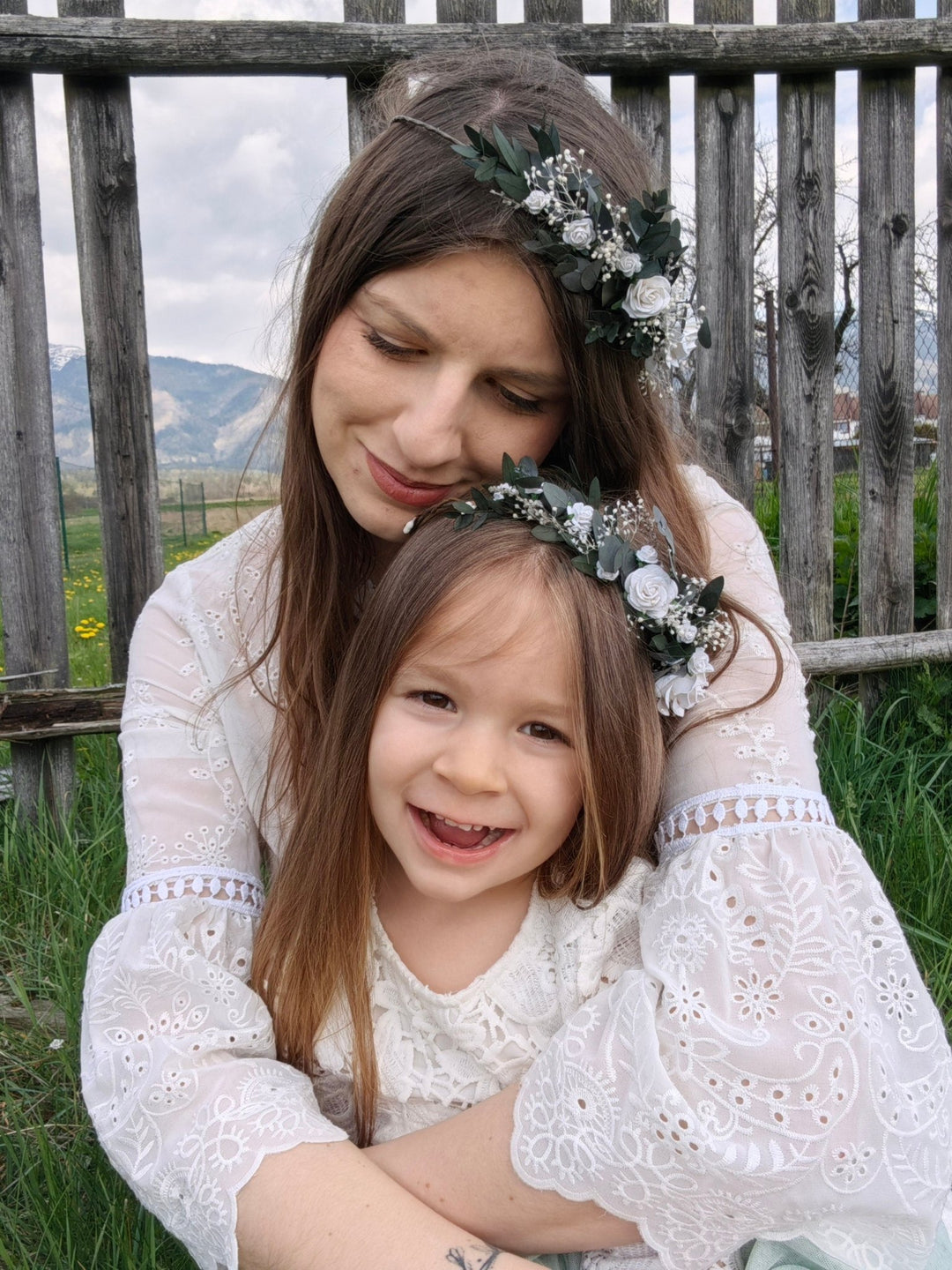 Mother's Day Matching set of hair wreaths for mum and daughter Greenery flower wreath Eucalyptus White roses Mom and daughter Family photo – handmade floral hair accessory by magaela