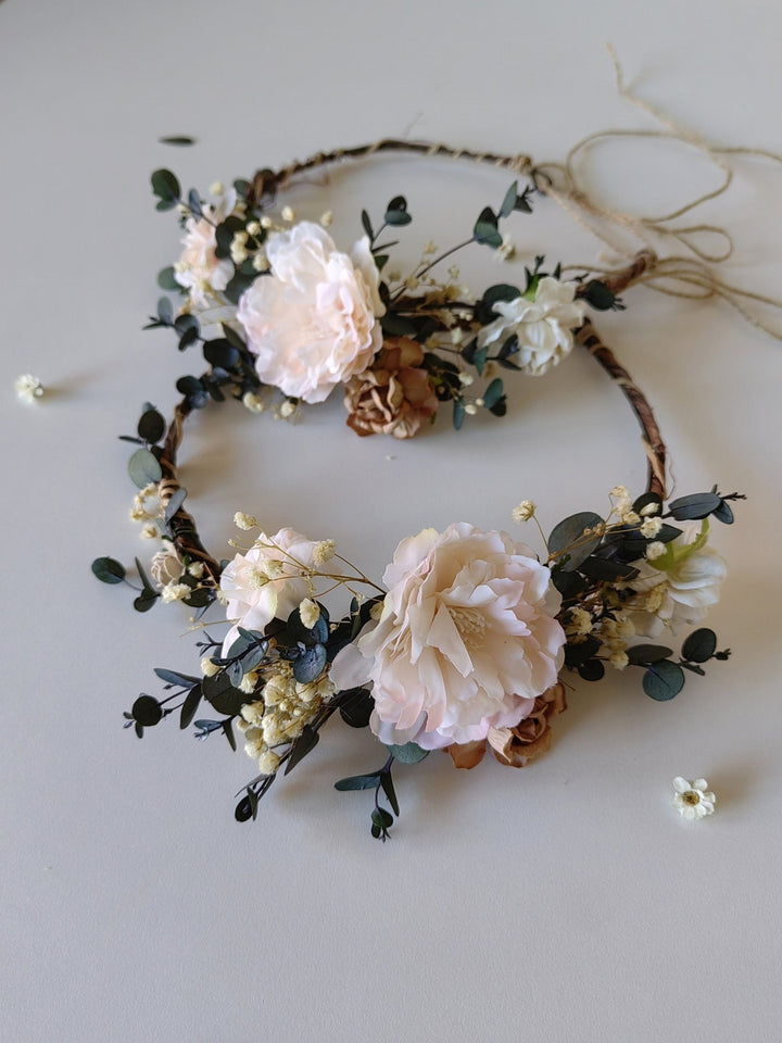 Mom and Daughter Boho Flower Crown Set: Rustic Wedding Hair Wreaths – handmade floral hair accessory by magaela