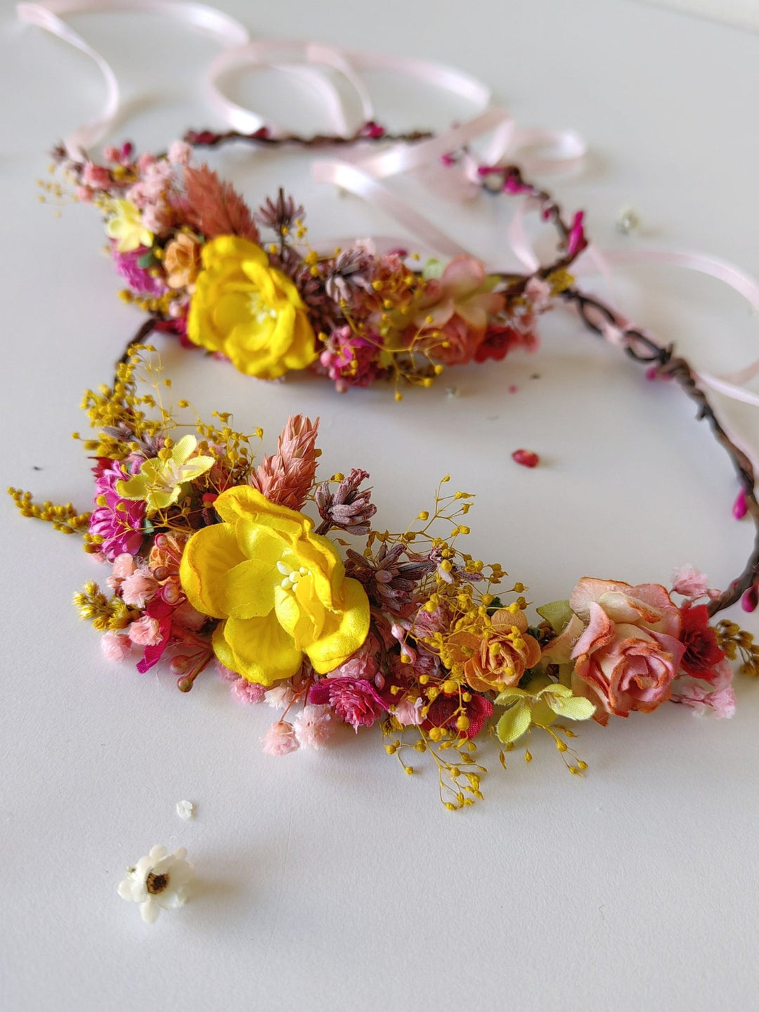 Floral Hair Wreath Set: Yellow & Pink Flower Crowns – handmade floral hair accessory by magaela