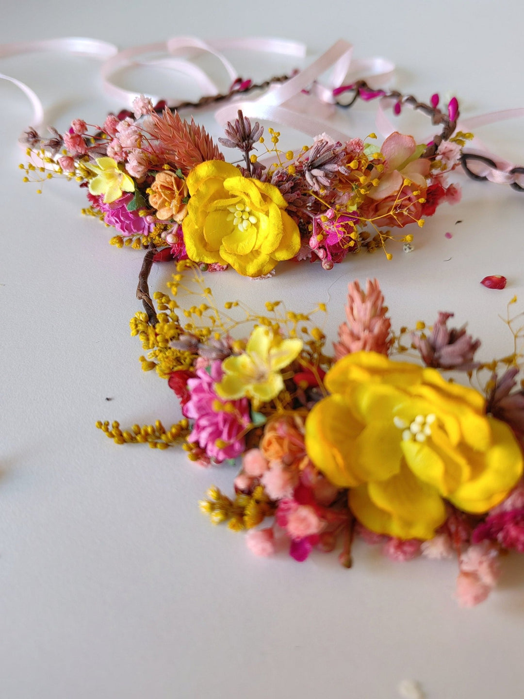 Floral Hair Wreath Set: Yellow & Pink Flower Crowns – handmade floral hair accessory by magaela