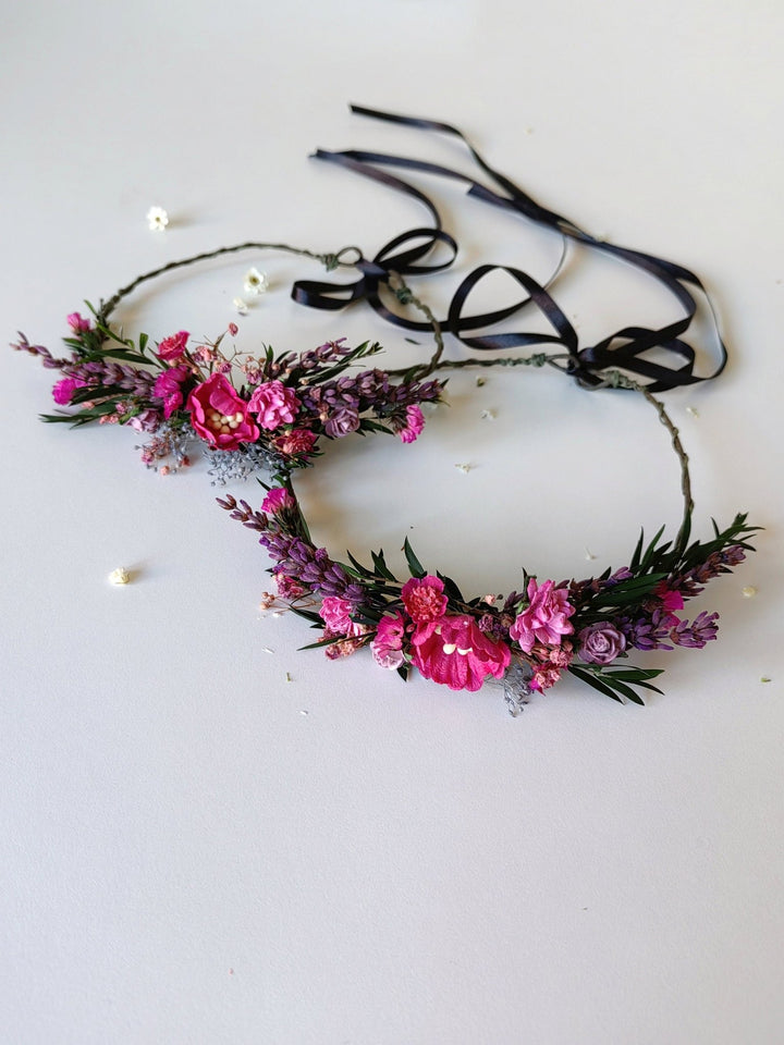 Mother & Daughter Magenta Flower Hair Wreath Set: Matching Floral Crowns – handmade floral hair accessory by magaela