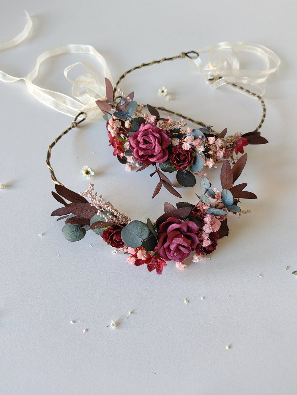 Burgundy Flower Hair Wreaths: Rustic Wedding Eucalyptus Crown Set – handmade floral hair accessory by magaela