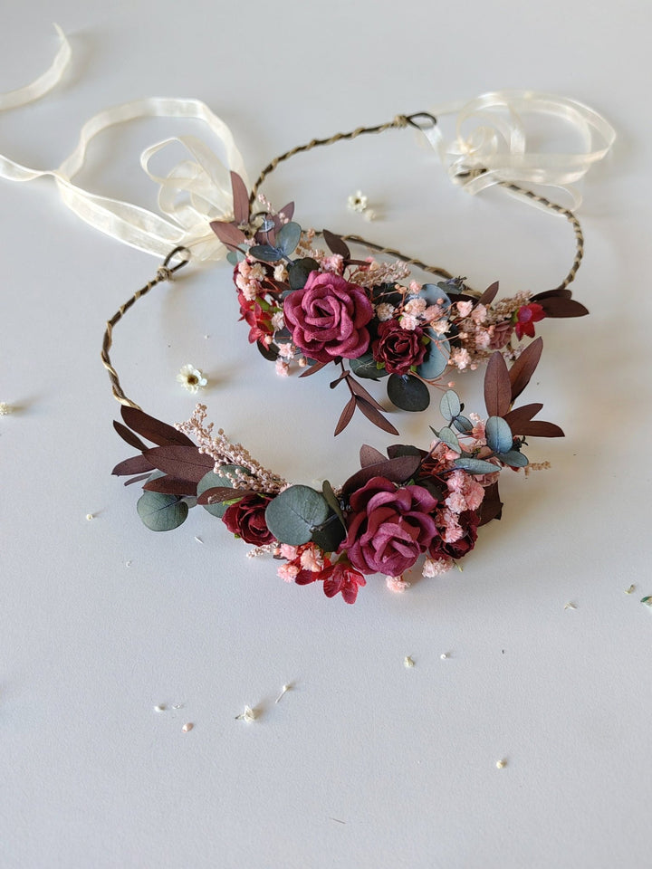 Burgundy Flower Hair Wreaths: Rustic Wedding Eucalyptus Crown Set – handmade floral hair accessory by magaela