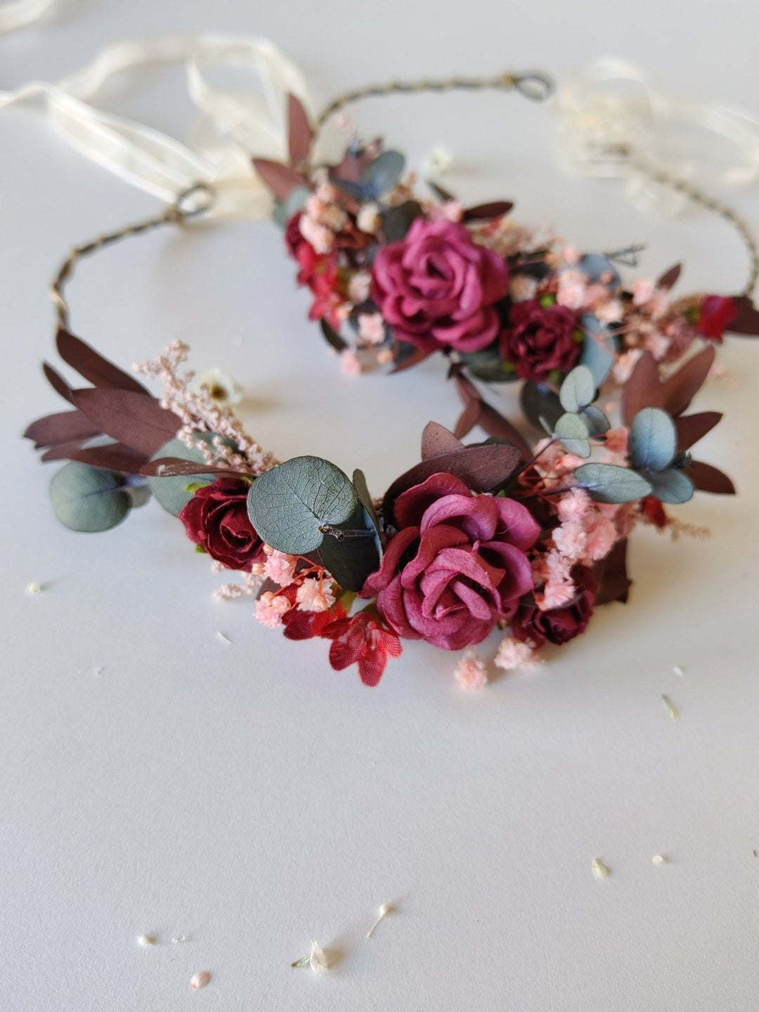 Burgundy Flower Hair Wreaths: Rustic Wedding Eucalyptus Crown Set – handmade floral hair accessory by magaela