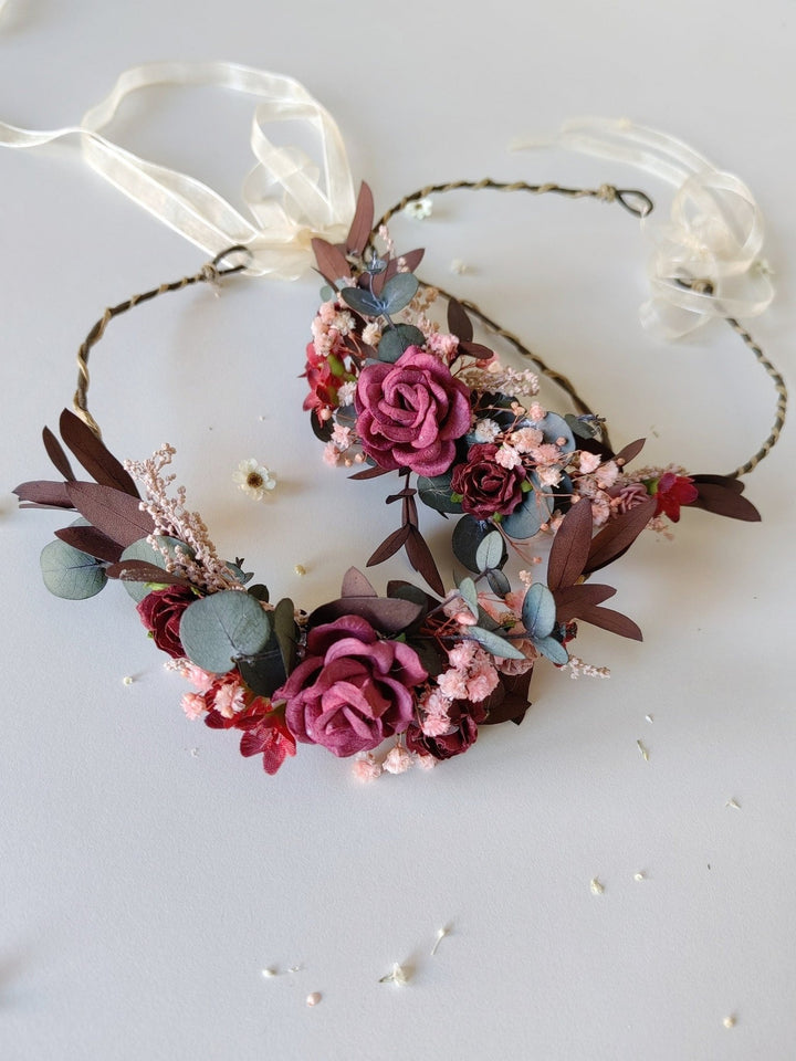 Burgundy Flower Hair Wreaths: Rustic Wedding Eucalyptus Crown Set – handmade floral hair accessory by magaela