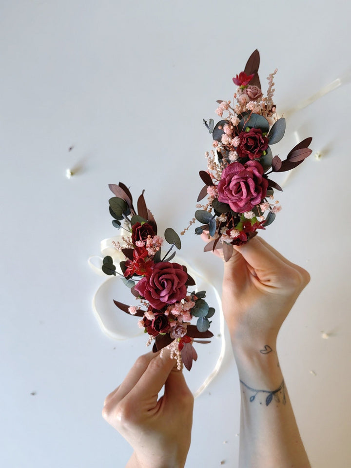 Burgundy Flower Hair Wreaths: Rustic Wedding Eucalyptus Crown Set – handmade floral hair accessory by magaela