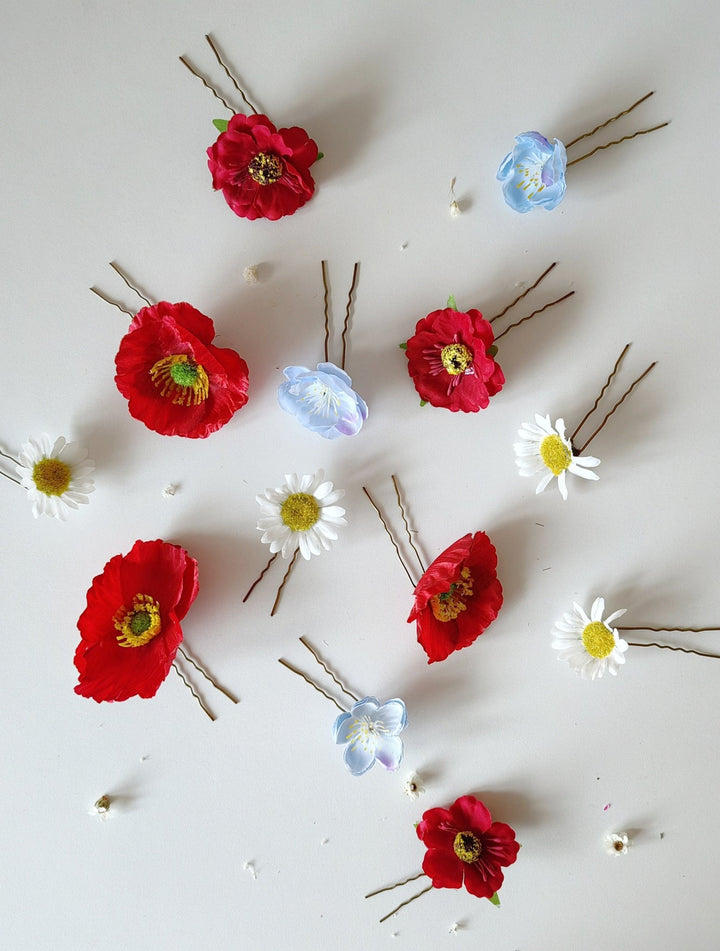 Meadow Flower Hairpins: Poppy & Wildflower Bridal Hair Accessories – handmade floral hair accessory by magaela