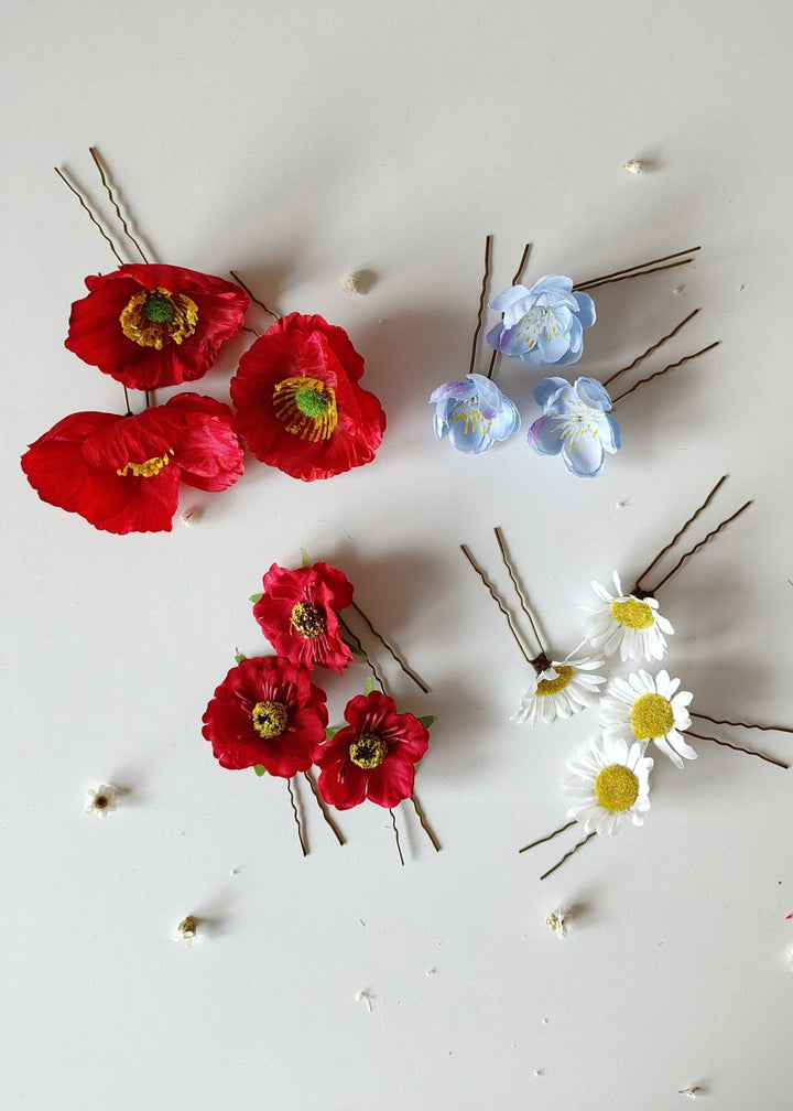 Meadow Flower Hairpins: Poppy & Wildflower Bridal Hair Accessories – handmade floral hair accessory by magaela