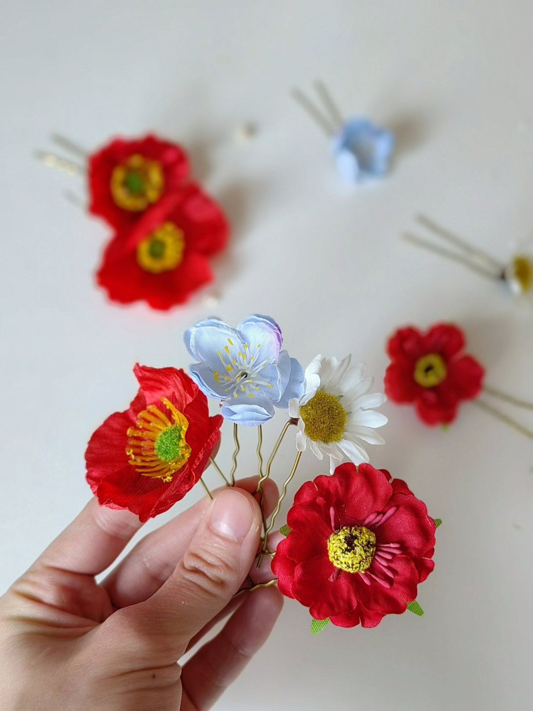 Meadow Flower Hairpins: Poppy & Wildflower Bridal Hair Accessories – handmade floral hair accessory by magaela