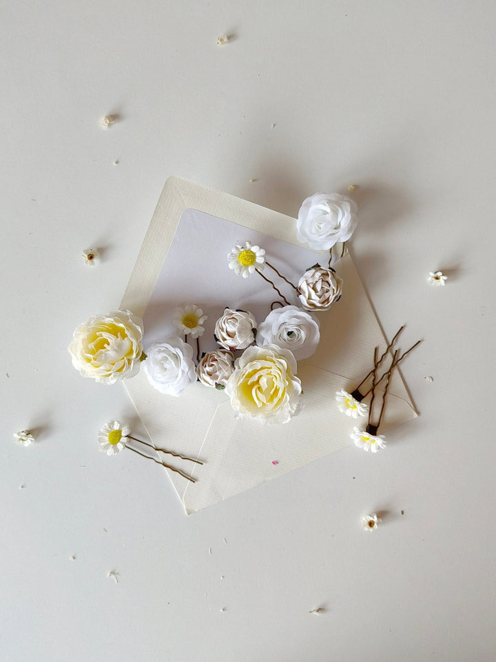 Boho Flower Hairpins: Rose & Peony Bridal Hair Accessories (Set of 13) – handmade floral hair accessory by magaela