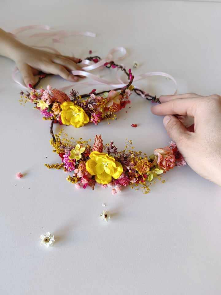 Floral Hair Wreath Set: Yellow & Pink Flower Crowns – handmade floral hair accessory by magaela