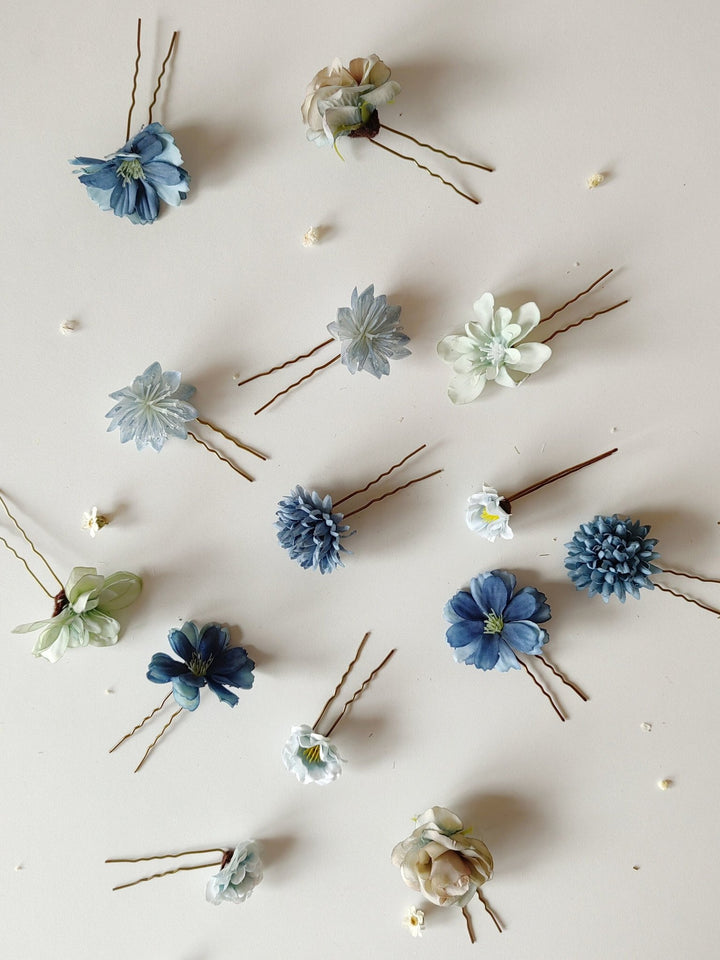 Blue Flower Hairpins: Boho Wedding Hair Accessories, Set of 14 – handmade floral hair accessory by magaela