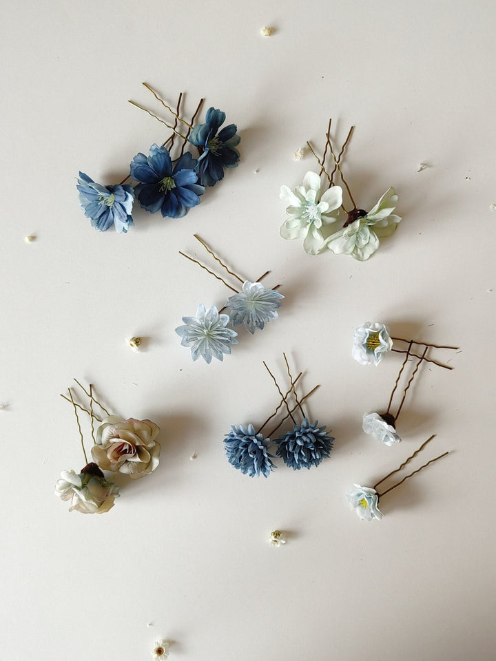 Blue Flower Hairpins: Boho Wedding Hair Accessories, Set of 14 – handmade floral hair accessory by magaela