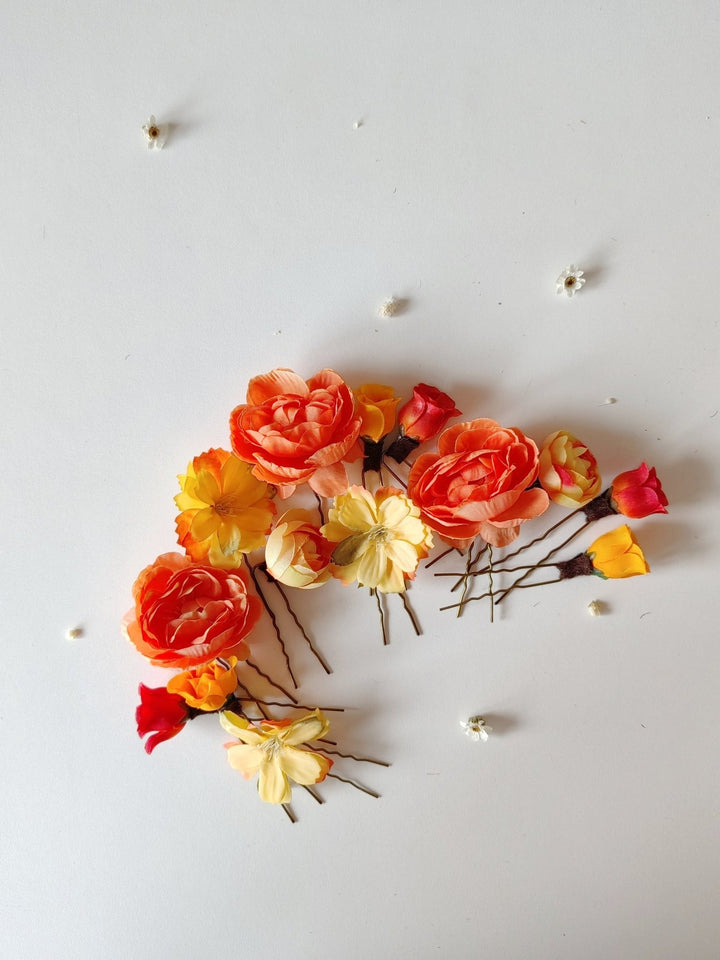 Orange & Yellow Flower Hair Pins: Boho Bridal Hair Accessory Set – handmade floral hair accessory by magaela