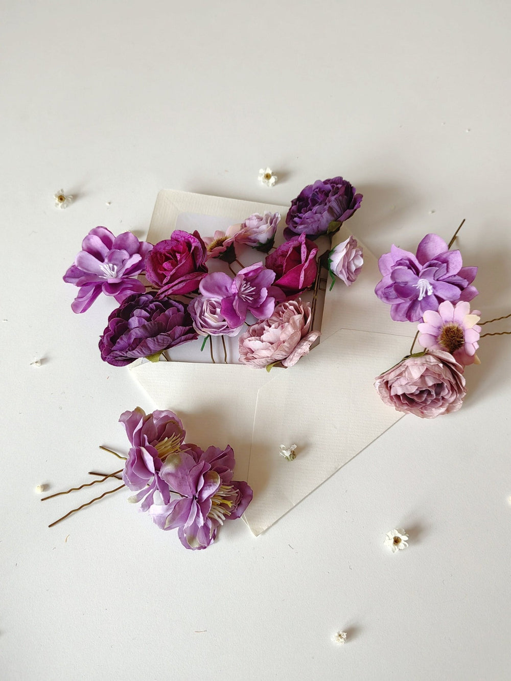 Purple Flower Hairpins: Boho Wedding Hair Accessory Set – handmade floral hair accessory by magaela