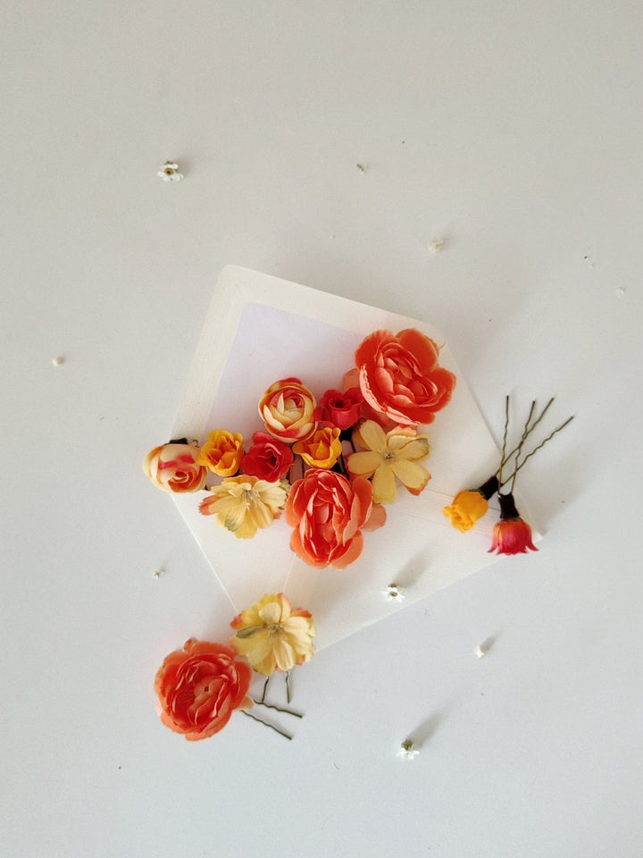 Orange & Yellow Flower Hair Pins: Boho Bridal Hair Accessory Set – handmade floral hair accessory by magaela