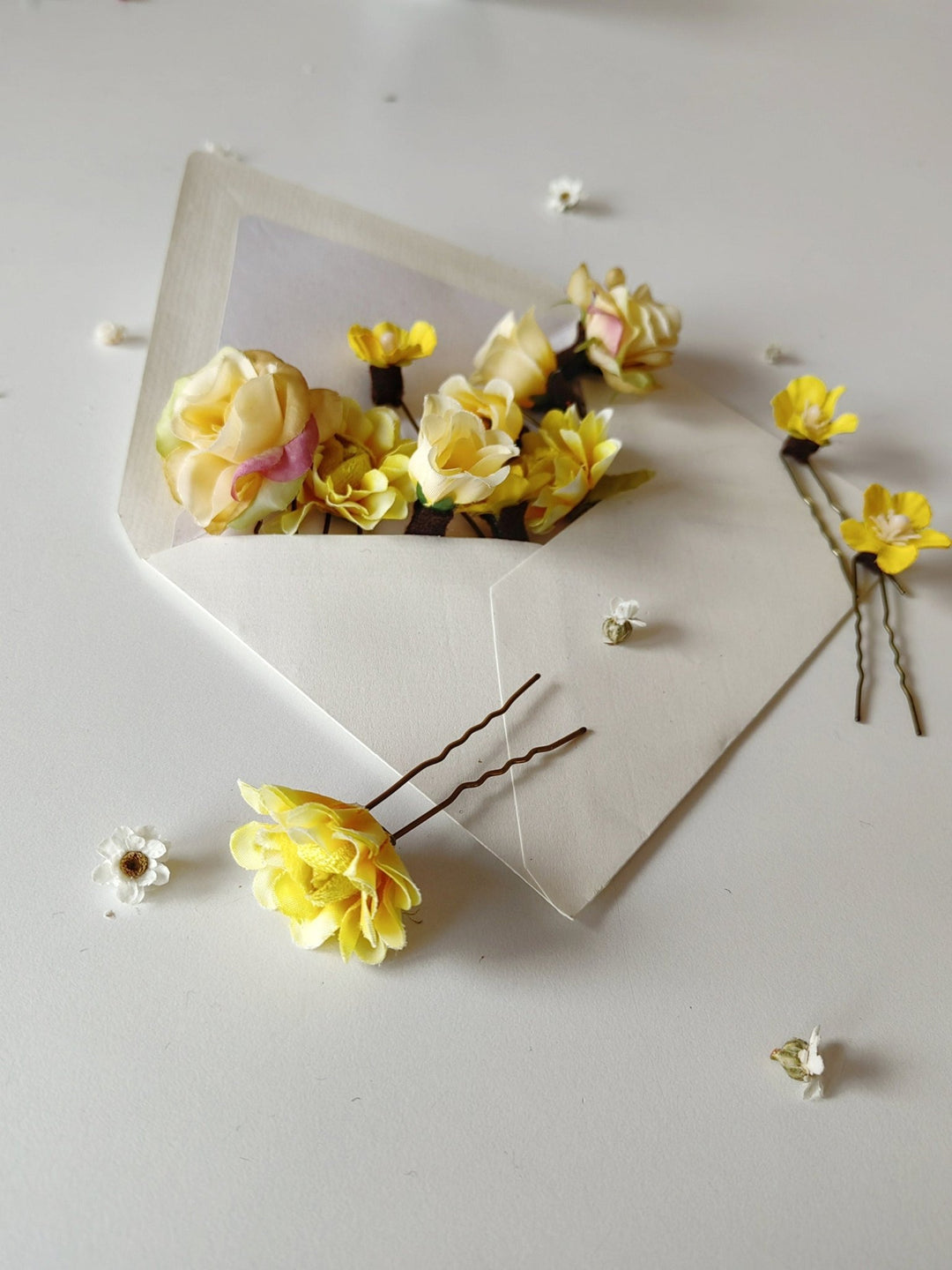 Yellow Flower Hair Pins: Spring Wedding Bridal Hair Accessories – handmade floral hair accessory by magaela