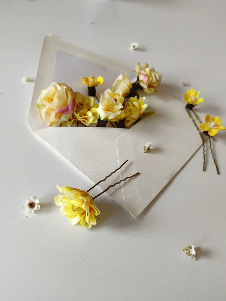 Yellow Flower Hair Pins: Spring Wedding Bridal Hair Accessories – handmade floral hair accessory by magaela