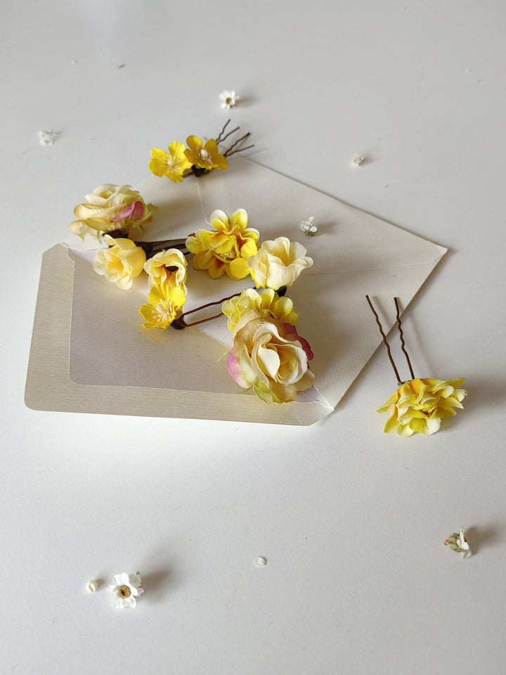 Yellow Flower Hair Pins: Spring Wedding Bridal Hair Accessories – handmade floral hair accessory by magaela