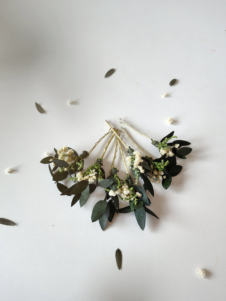 Eucalyptus Baby's Breath Hair Pins: Greenery Wedding Headpiece – handmade floral hair accessory by magaela