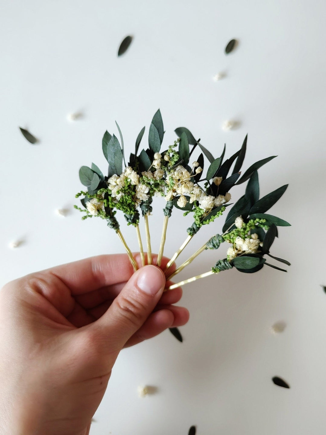Eucalyptus Baby's Breath Hair Pins: Greenery Wedding Headpiece – handmade floral hair accessory by magaela