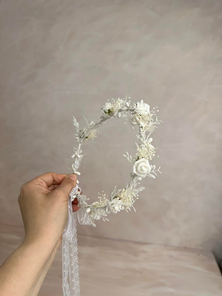 White Rose Communion Wreath: Flower Crown for Girls – handmade floral hair accessory by magaela