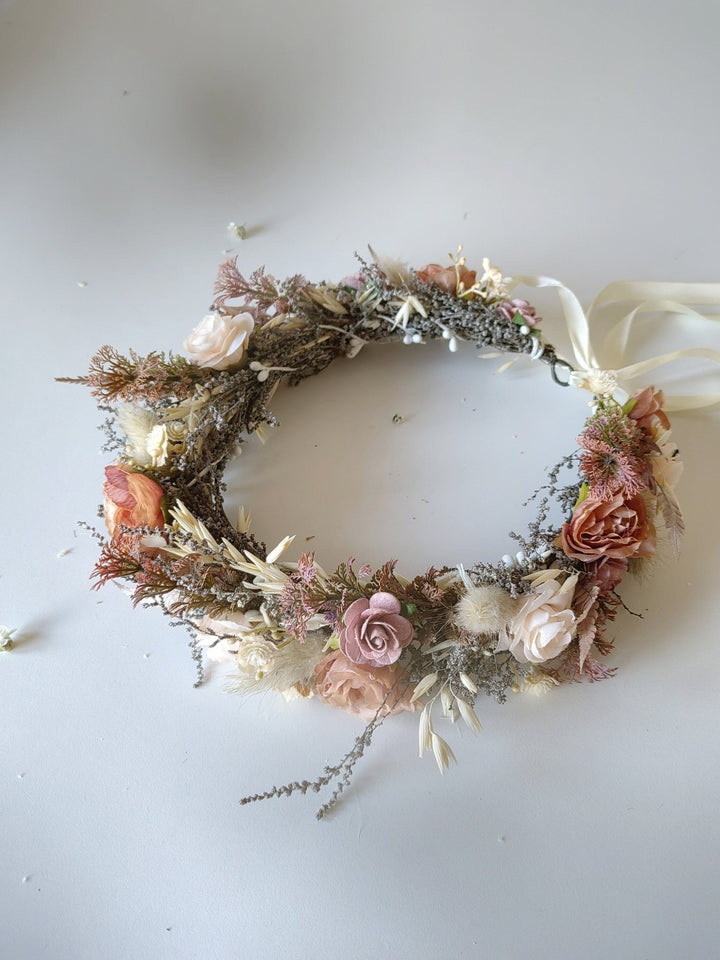 Dusty Orange Flower Crown: Boho Bridal Headpiece – handmade floral hair accessory by magaela