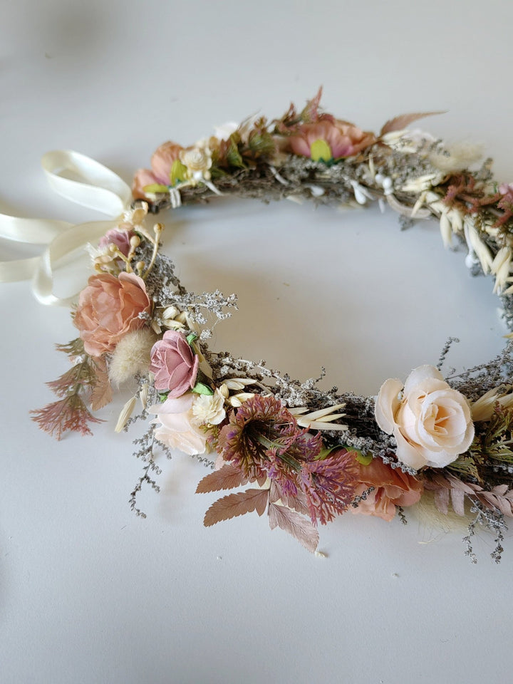 Dusty Orange Flower Crown: Boho Bridal Headpiece – handmade floral hair accessory by magaela