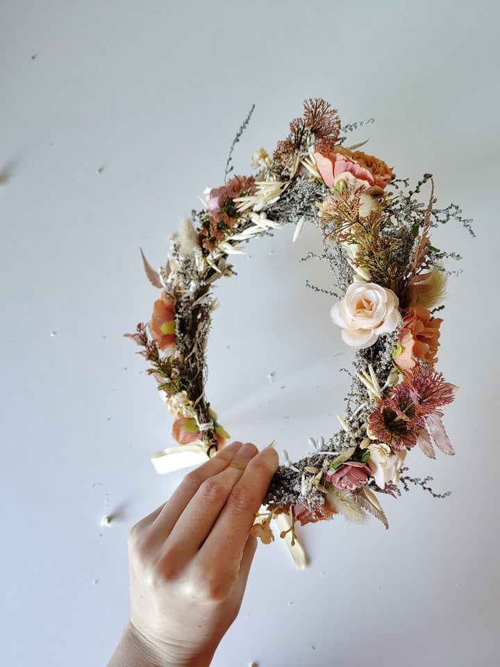 Dusty Orange Flower Crown: Boho Bridal Headpiece – handmade floral hair accessory by magaela